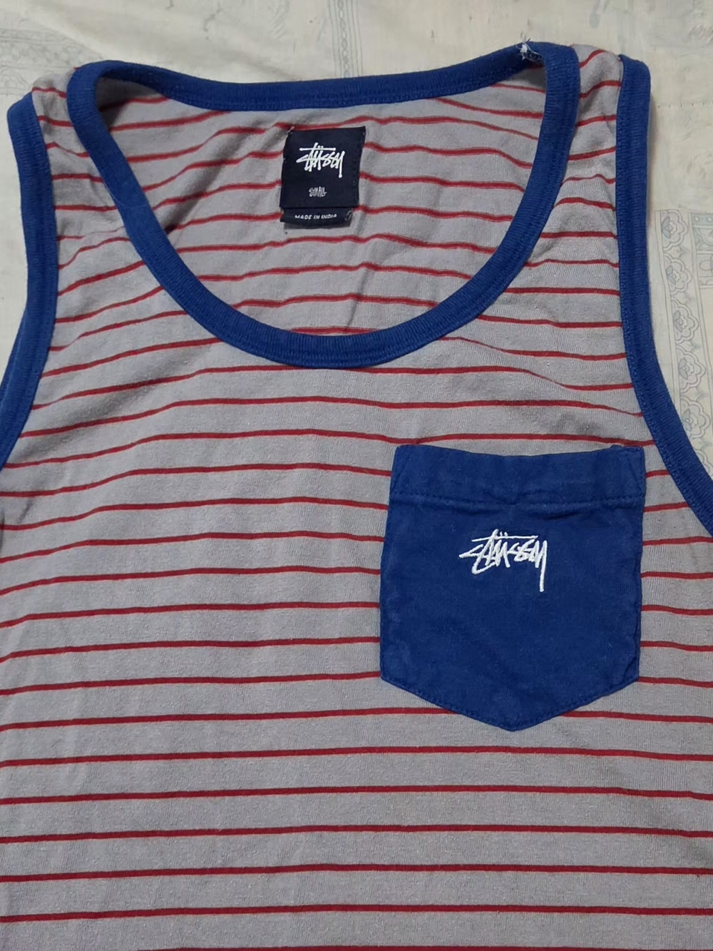 Stussy Gray Tank Top with Red Stripes and Blue Trim